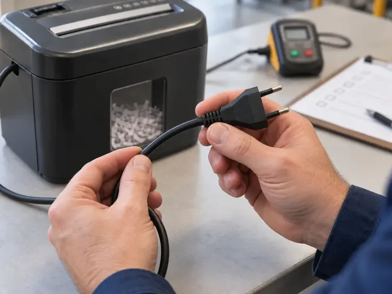 Kontrola kábla a zástrčky skartovačky pri revízii elektrických zariadení.
