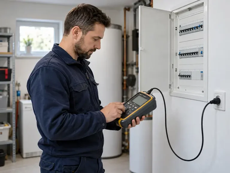 Revízia elektroinštalácie – technik meria zásuvkový obvod pri elektrickom rozvádzači.