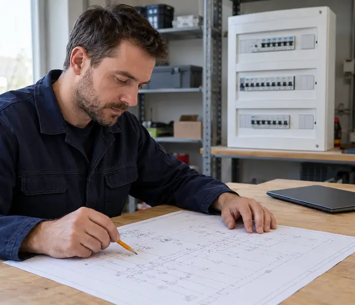 Technik prechádza elektrickú schému pri príprave podkladov na výrobu rozvádzača